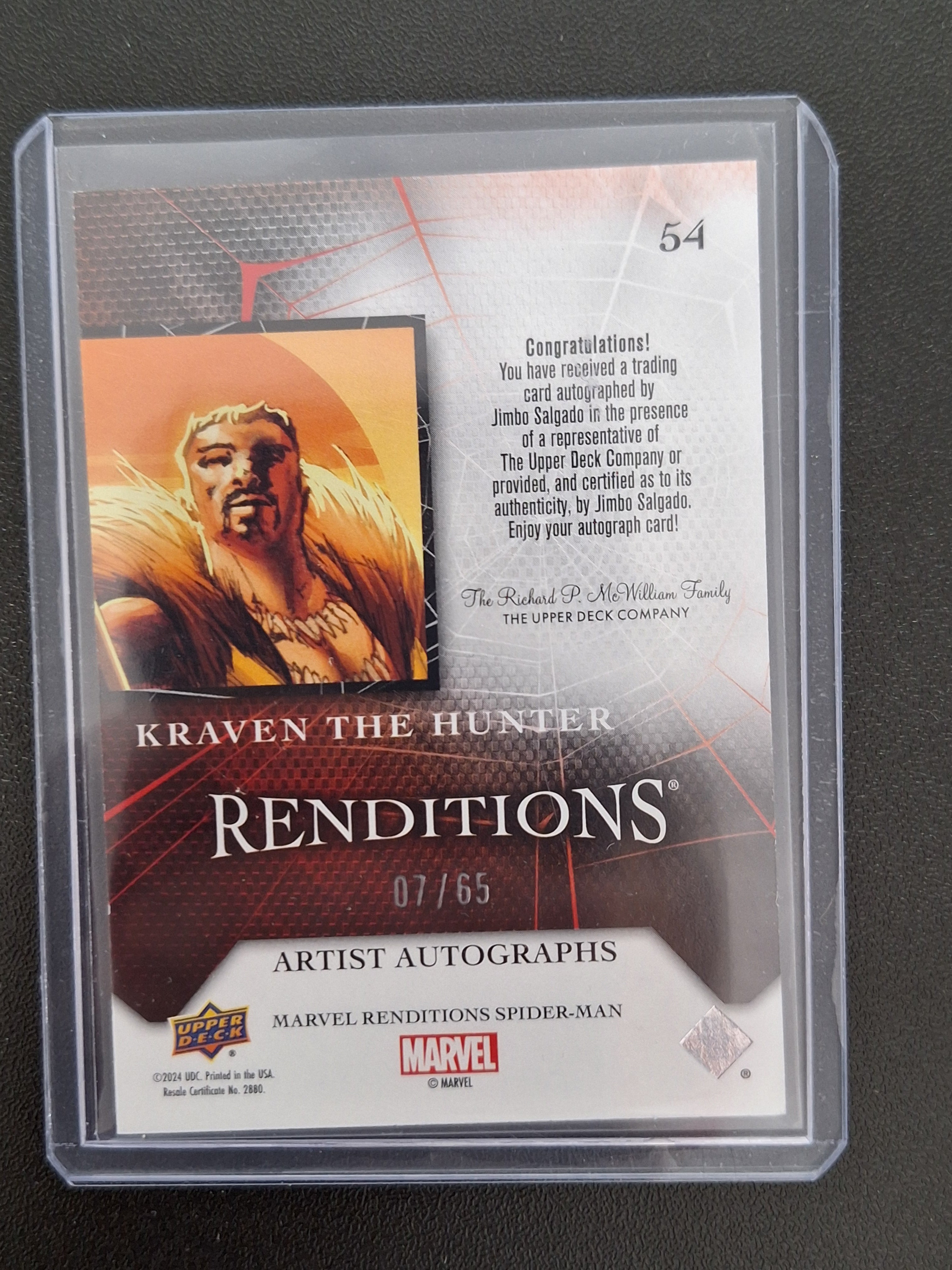 2024 UPPER DECK MARVEL #54 KRAVEN THE HUNTER RENDITIONS 7/65 AUTO