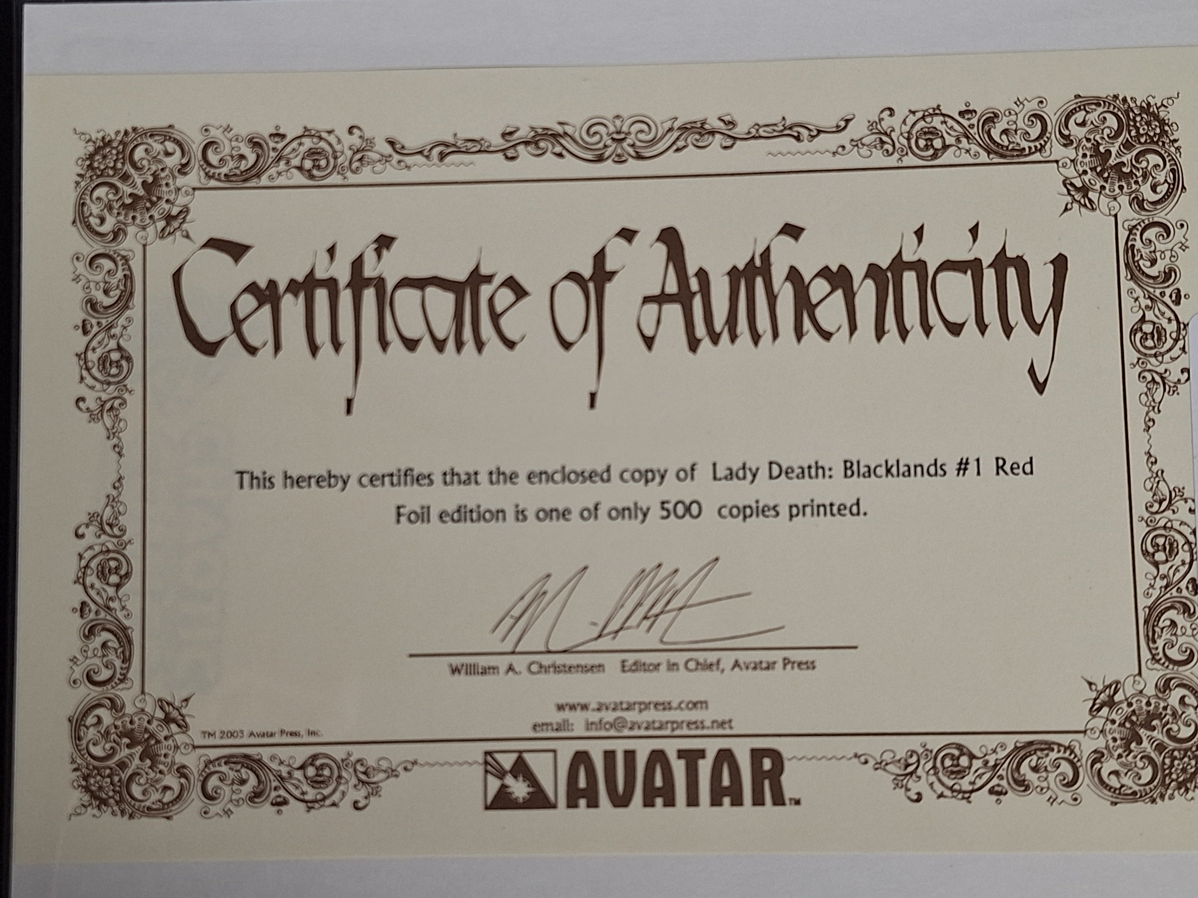 Lady Death Blacklands 1 Avatar Red Foil Edition With COA Ltd. 500