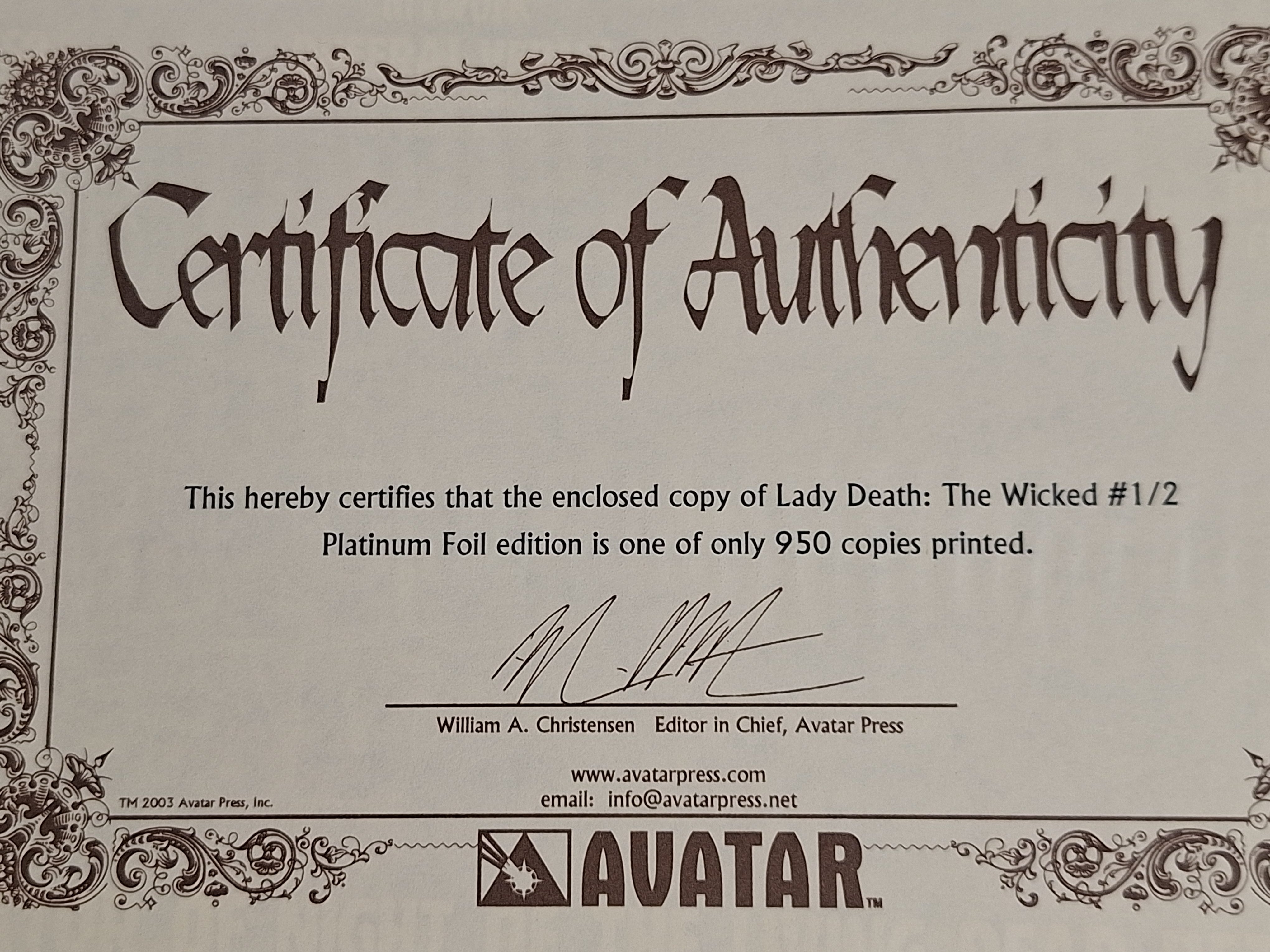 Lady Death The Wicked 1/2 Avatar Platinum Foil Edition With COA, Ltd. 950