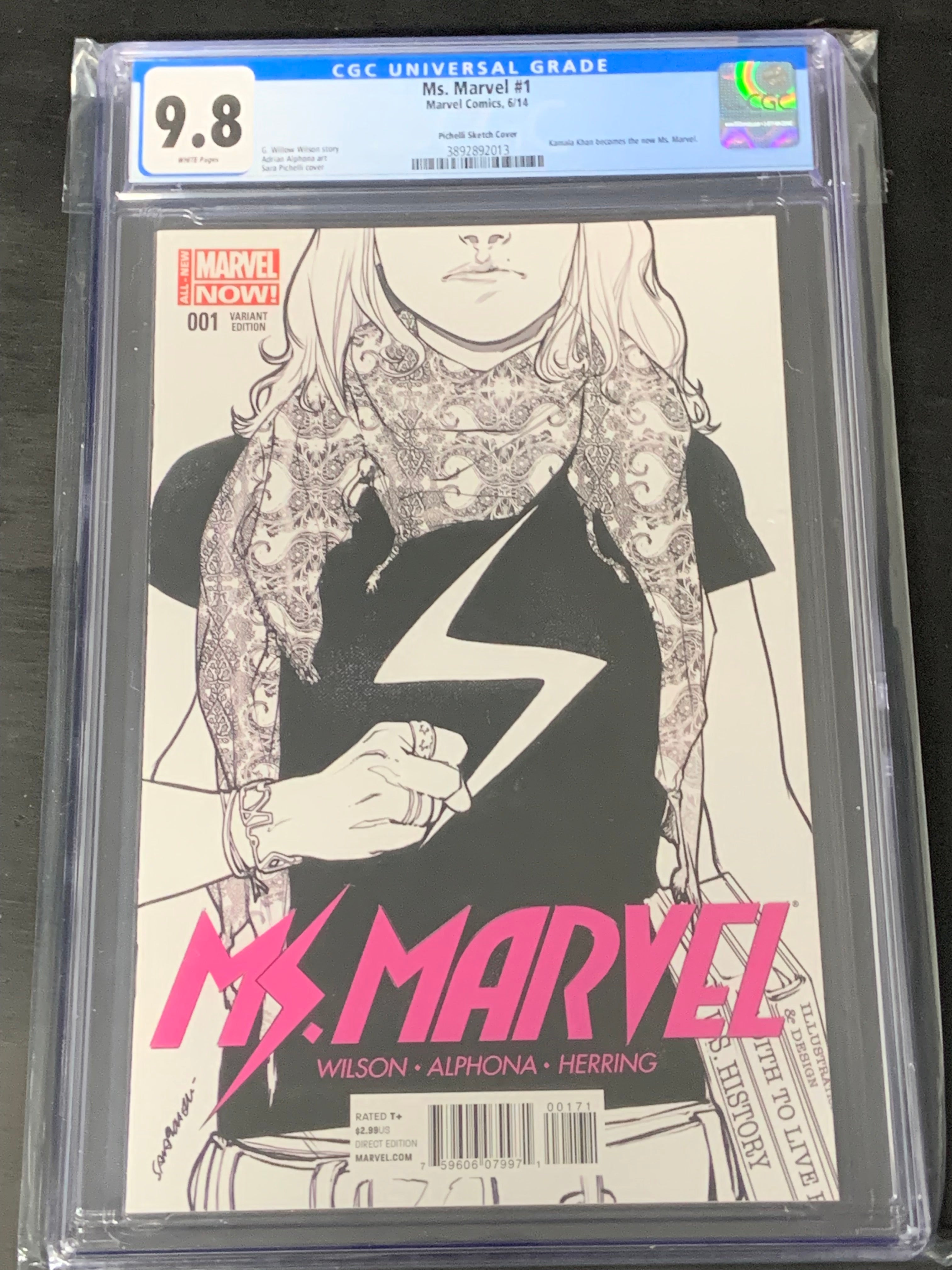 Ms. Marvel 1 Marvel 2014 CGC 9.8 1st Kamala Kahn as Ms. Marvel Rare Pitchelli Sketch Variant