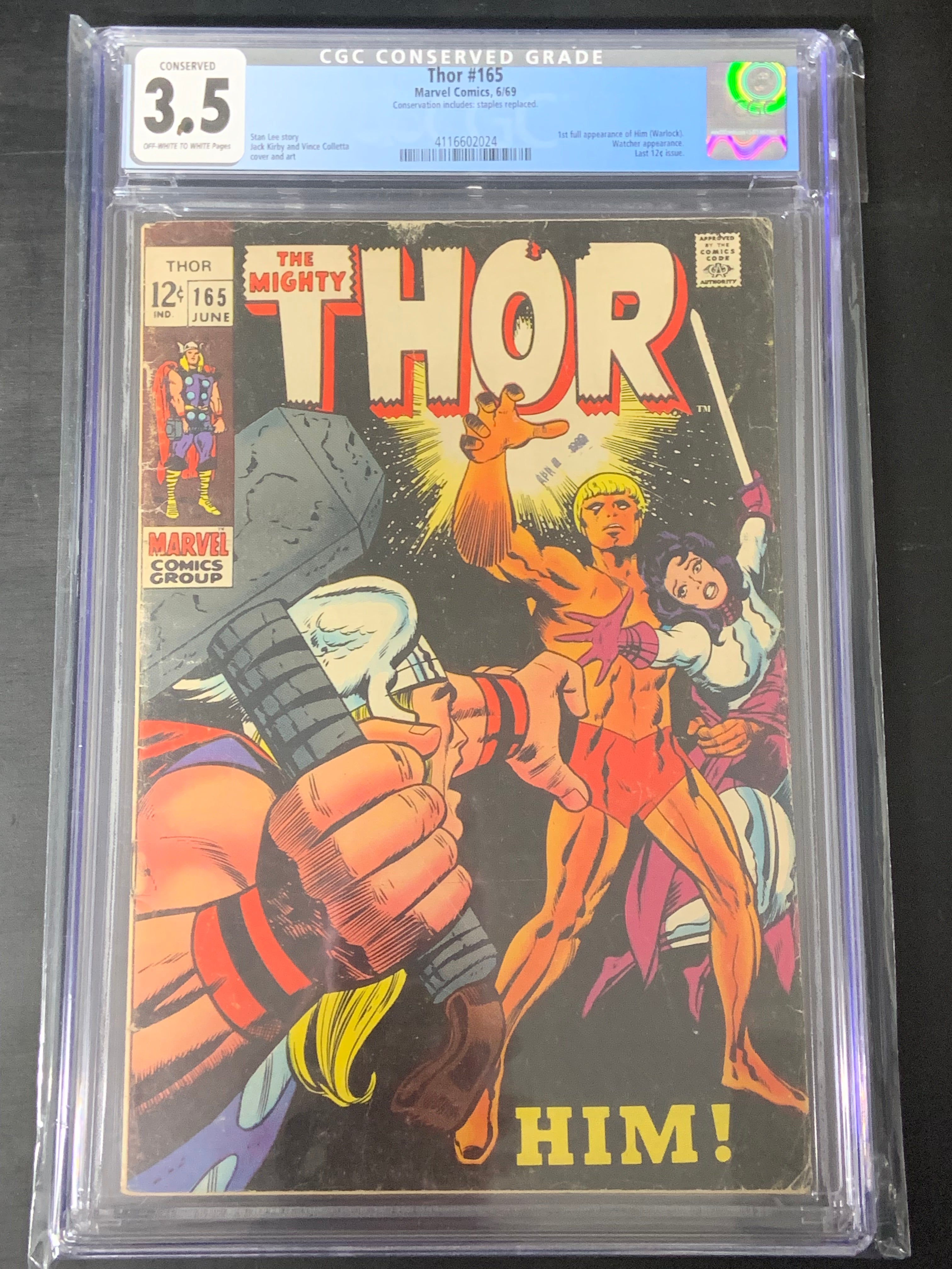 Thor 165 Marvel 1969 CGC 3.5 Conserved Grade, 1st Full App of Him (Adam Warlock)