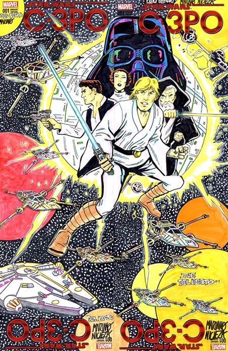 DF MARVEL COMICS COMMISSIONED COVER ART FOUR PIECE BLANK VARIANT CONNECTING SET  SIGNED AND REMARKED BY MARIANO NICIEZA AND JOE DELBEATO WITH A CLASSIC STAR WARS #1 HOMAGE SKETCH 8/26/2026