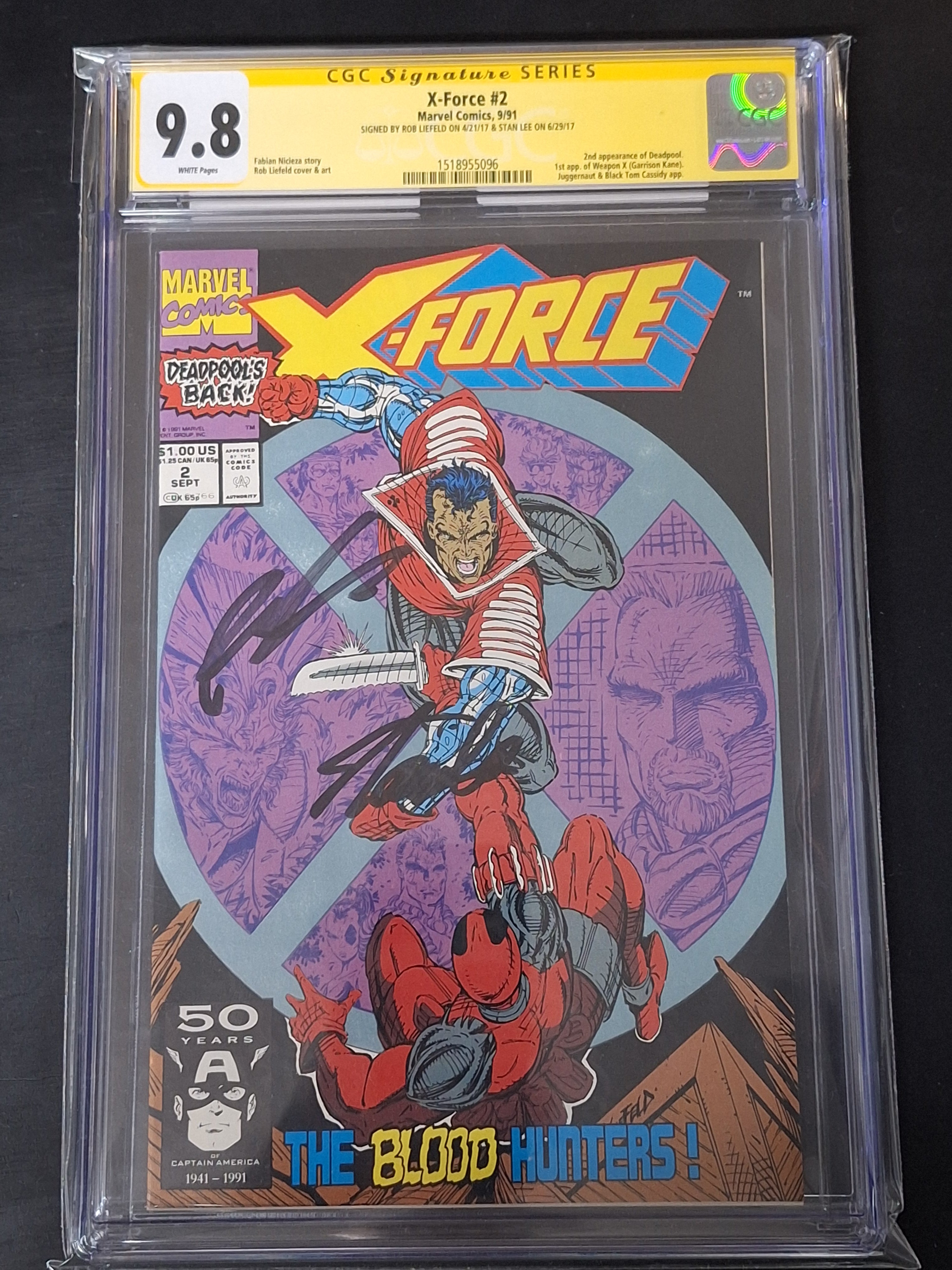 X-Force 2 Marvel 1991 2nd App of Deadpool Stan Lee & Rob Liefeld Signatures CGC 9.8