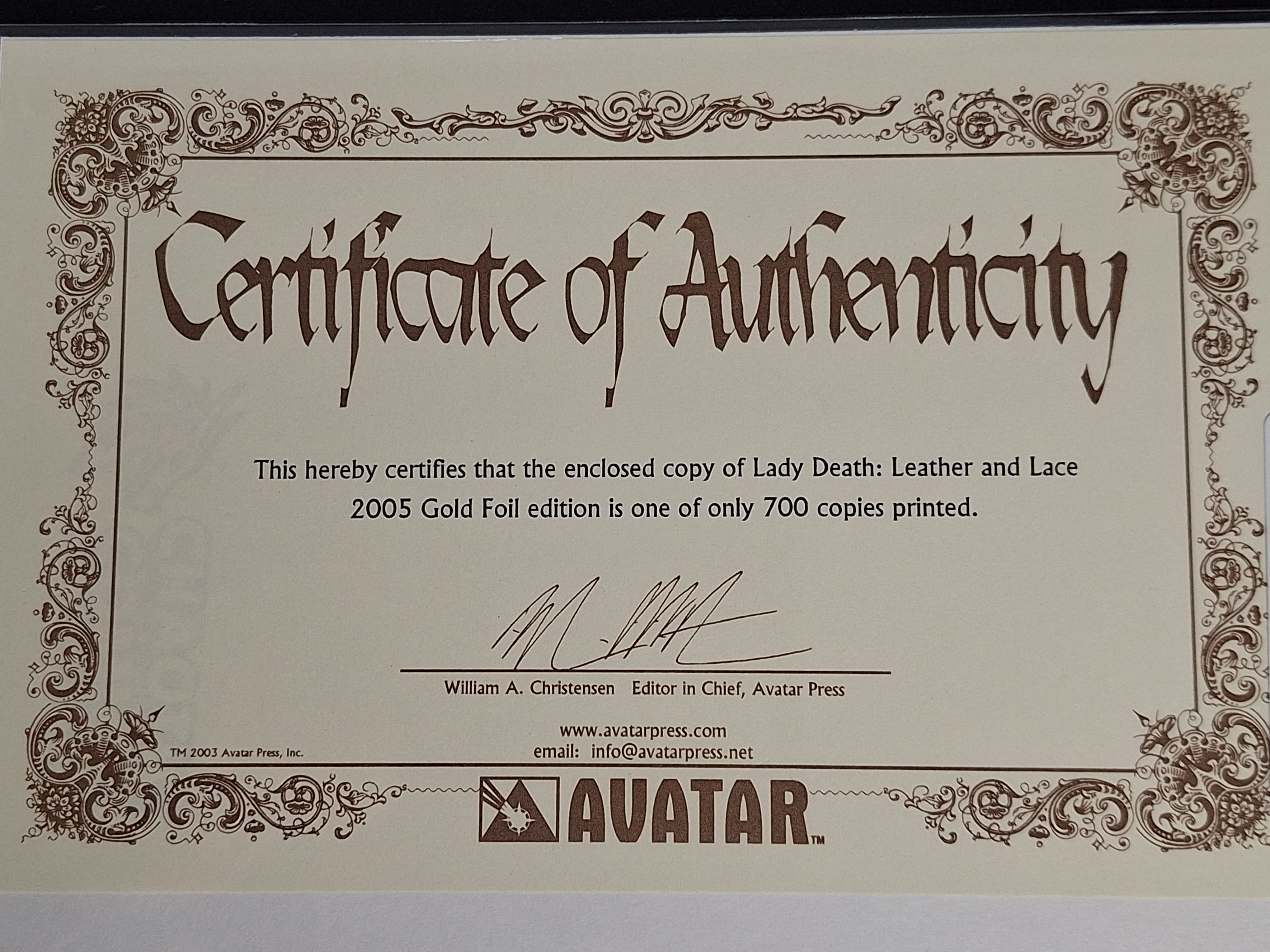 Lady Death Leather & Lace 1 Avatar 2005 Gold Foil Edition With COA Ltd. 700
