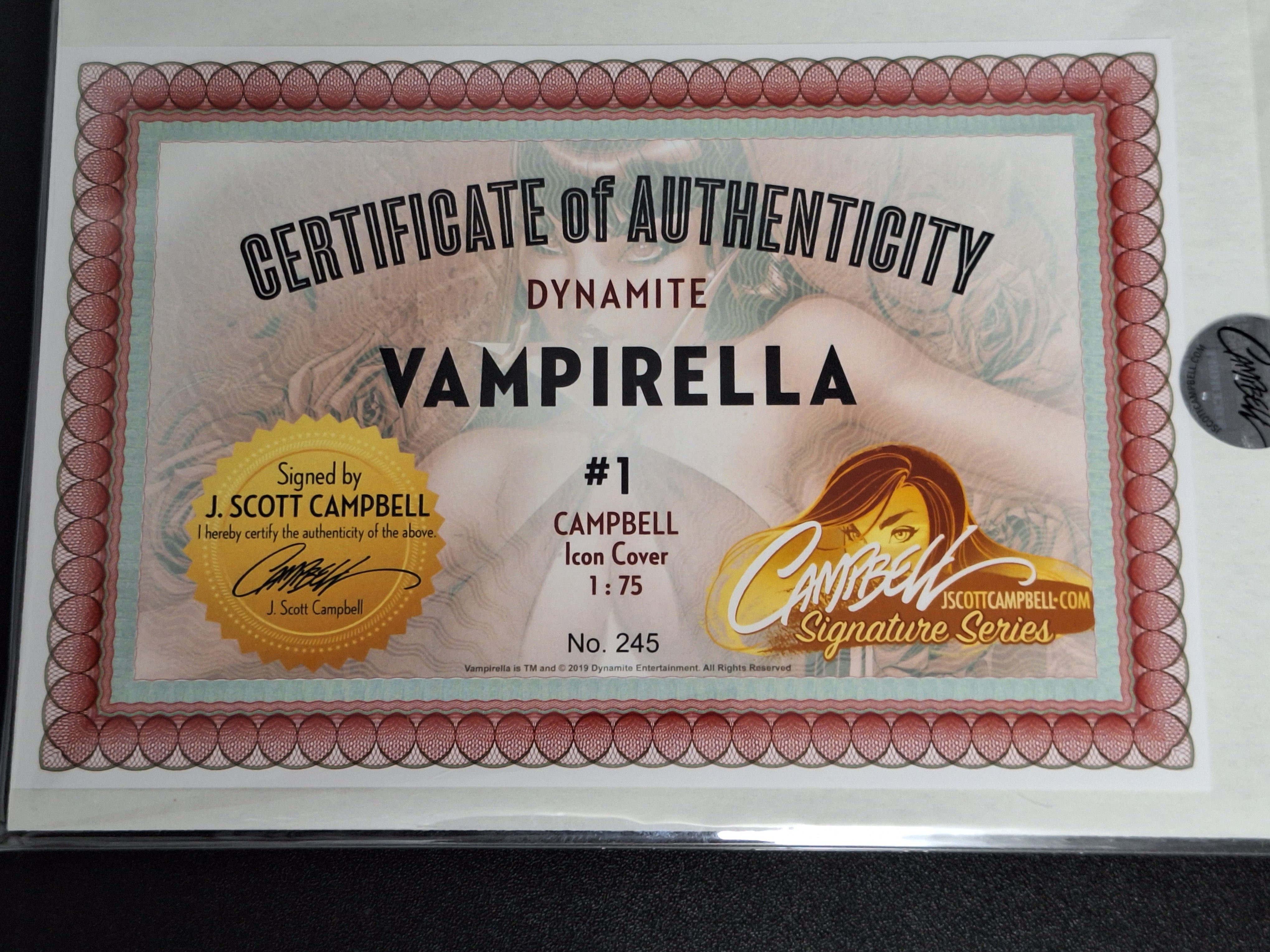 Vampirella 1 Dynamite 2019 J.Scott Campbell 1:75 Variant Signed With COA