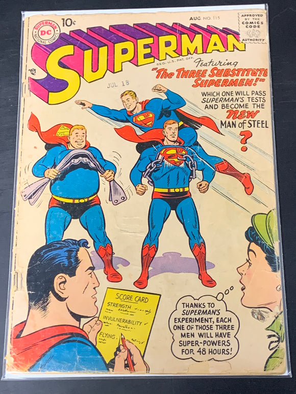 Superman 115 DC 1957 Early 10 Cent Issue, The Three Supermen
